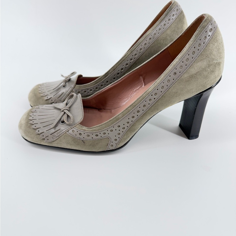 Nine West Womens 6 Oxford Olive Suede Kiltie Fringe Wingtip Block Heel Pumps Bow - Picture 10 of 10